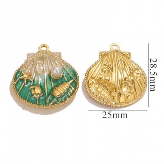 Imagen de 1 Unidad Recubrimiento al Vacío PVD Ecológico 304 Acero Inoxidable Joyería del océano Colgantes Chapado en Oro de 18K Verde Esmalte Concha caracola marina Imitación de perla 25mm x 28.5mm