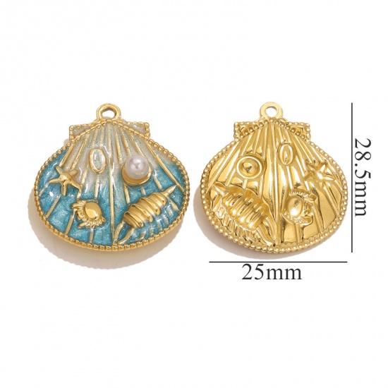 Imagen de 1 Unidad Recubrimiento al Vacío PVD Ecológico 304 Acero Inoxidable Joyería del océano Colgantes Chapado en Oro de 18K Azul Esmalte Concha caracola marina Imitación de perla 25mm x 28.5mm