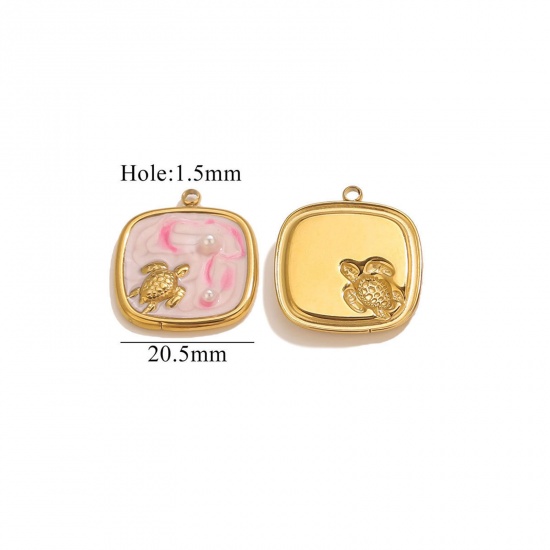 Imagen de 2 Unidades Recubrimiento al Vacío PVD Ecológico 304 Acero Inoxidable Joyería del océano Colgantes Chapado en Oro de 18K Rosado Esmalte Cuadrado Tortuga Imitación de perla 20.5mm x 20.5mm