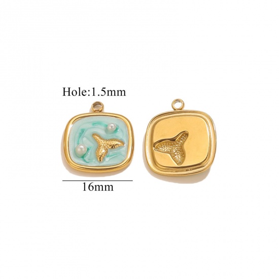 Imagen de 2 Unidades Recubrimiento al Vacío PVD Ecológico 304 Acero Inoxidable Joyería del océano Colgantes Chapado en Oro de 18K Verde Esmalte Cuadrado Cola de pescado Imitación de perla 16mm x 16mm