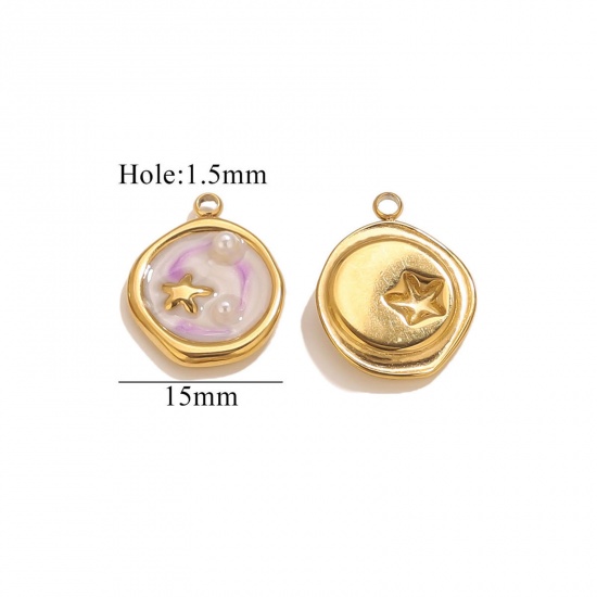 Imagen de 2 Unidades Recubrimiento al Vacío PVD Ecológico 304 Acero Inoxidable Joyería del océano Colgantes Chapado en Oro de 18K Blanco & Violeta Esmalte Ronda Disco Estrella de Mar Imitación de perla 15mm x 15mm