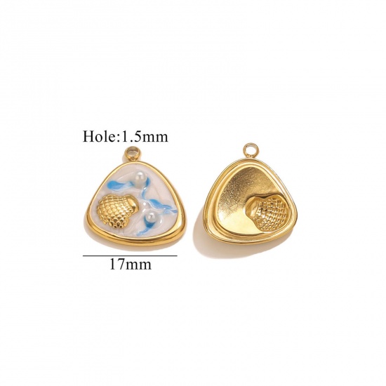 Imagen de 2 Unidades Recubrimiento al Vacío PVD Ecológico 304 Acero Inoxidable Joyería del océano Colgantes Chapado en Oro de 18K Blanco & Azul Esmalte Triángulo Concha Imitación de perla 17mm x 17mm