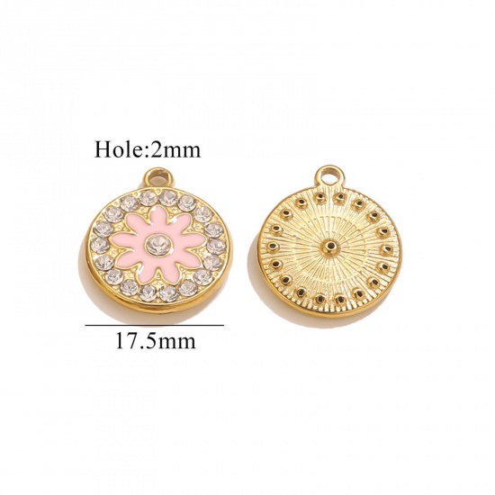 Imagen de 2 Unidades Recubrimiento al Vacío PVD Ecológico 304 Acero Inoxidable Colgantes Chapado en Oro de 18K Rosado Esmalte Ronda Disco Flor Transparente Rhinestone 17.5mm x 17.5mm