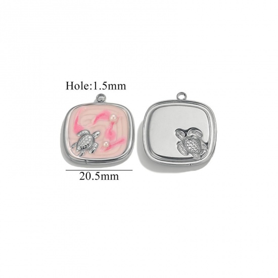 Imagen de 2 Unidades Respetuoso del Medio Ambiente 304 Acero Inoxidable Joyería del océano Colgantes Tono de Plata Rosado Esmalte Cuadrado Tortuga Imitación de perla 20.5mm x 20.5mm