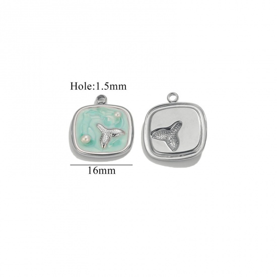 Imagen de 2 Unidades Respetuoso del Medio Ambiente 304 Acero Inoxidable Joyería del océano Colgantes Tono de Plata Verde Esmalte Cuadrado Cola de pescado Imitación de perla 16mm x 16mm