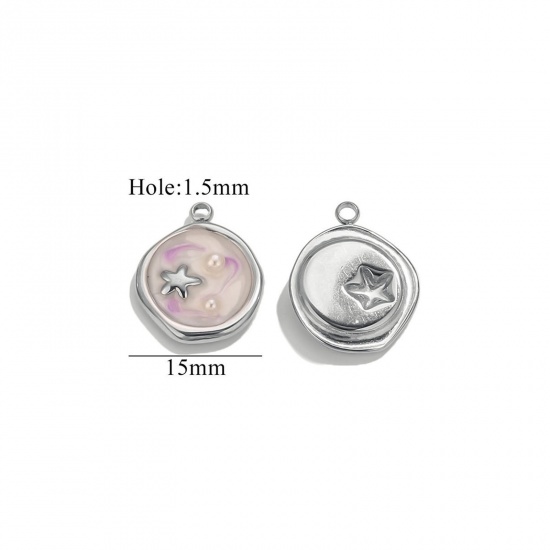 Imagen de 2 Unidades Respetuoso del Medio Ambiente 304 Acero Inoxidable Joyería del océano Colgantes Tono de Plata Blanco & Violeta Esmalte Ronda Disco Estrella de Mar Imitación de perla 15mm x 15mm