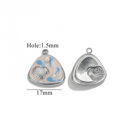 Imagen de 2 Unidades Respetuoso del Medio Ambiente 304 Acero Inoxidable Joyería del océano Colgantes Tono de Plata Blanco & Azul Esmalte Triángulo Concha Imitación de perla 17mm x 17mm
