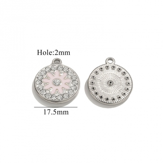 Imagen de 2 Unidades Respetuoso del Medio Ambiente 304 Acero Inoxidable Colgantes Tono de Plata Blanco Esmalte Ronda Flor Transparente Rhinestone 17.5mm x 17.5mm