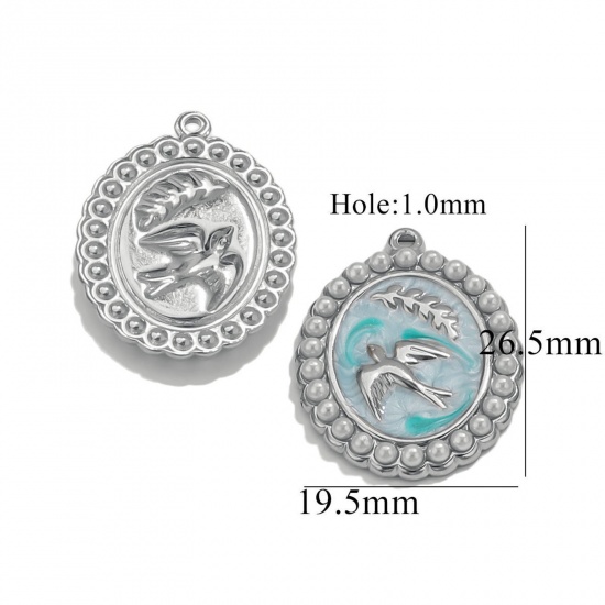 Picture of 2 PCs Eco-friendly 304 Stainless Steel Oil Painting Style Charms Silver Tone Blue Enamel Oval Swallow Imitation Pearl 19.5mm x 26.5mm
