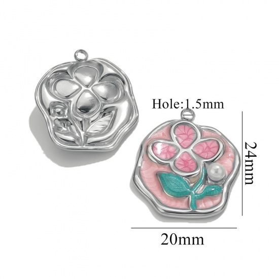 Picture of 2 PCs Eco-friendly 304 Stainless Steel Oil Painting Style Charms Silver Tone Pink Enamel Irregular Flower Imitation Pearl 20mm x 24mm