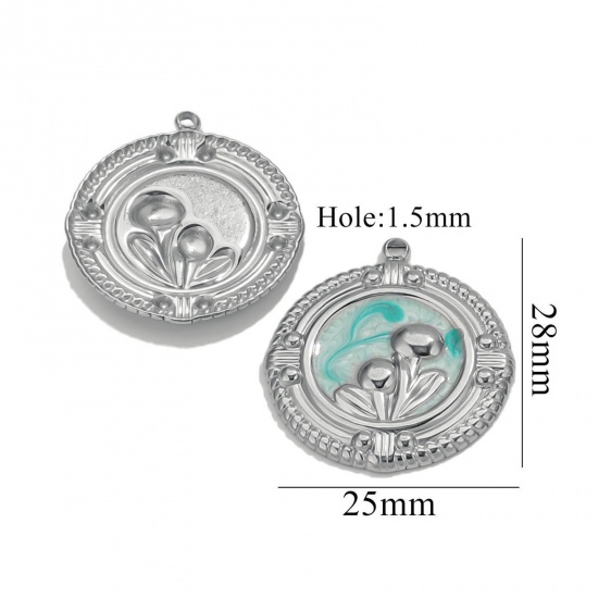 Picture of 2 PCs Eco-friendly 304 Stainless Steel Oil Painting Style Charms Silver Tone Mint Green Enamel Round Disc Flower 25mm x 28mm