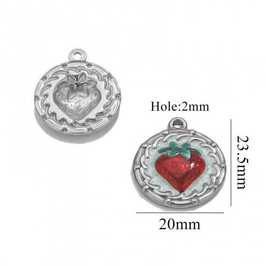 Picture of 2 PCs Eco-friendly 304 Stainless Steel Oil Painting Style Charms Silver Tone Red Enamel Round Disc Strawberry Fruit 20mm x 23.5mm