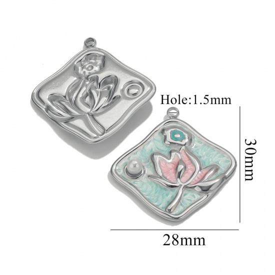Picture of 2 PCs Eco-friendly 304 Stainless Steel Oil Painting Style Charms Silver Tone Mint Green Enamel Rhombus Lotus Flower Imitation Pearl 28mm x 30mm