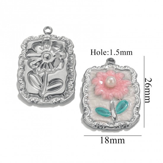 Picture of 2 PCs Eco-friendly 304 Stainless Steel Oil Painting Style Charms Silver Tone Multicolor Enamel Rectangle Flower Imitation Pearl 18mm x 26mm