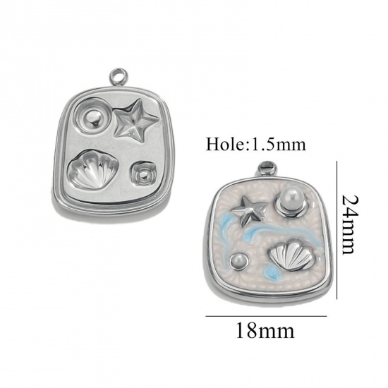 Picture of 2 PCs Eco-friendly 304 Stainless Steel Oil Painting Style Charms Silver Tone White & Blue Enamel Rectangle Star Fish Imitation Pearl 18mm x 24mm
