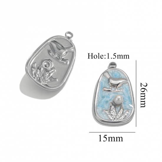 Picture of 2 PCs Eco-friendly 304 Stainless Steel Oil Painting Style Charms Silver Tone Light Blue Enamel Trapezoid Bird Imitation Pearl 15mm x 26mm
