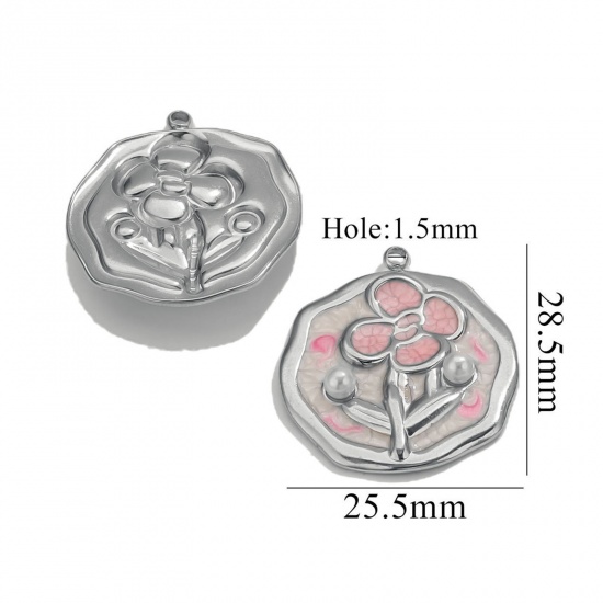 Picture of 2 PCs Eco-friendly 304 Stainless Steel Oil Painting Style Charms Silver Tone Light Pink Enamel Round Disc Flower Imitation Pearl 25.5mm x 28mm