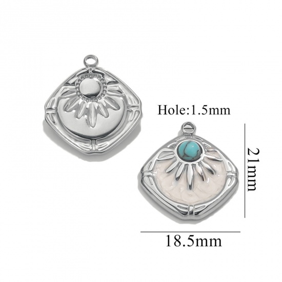 Picture of 2 PCs Eco-friendly 304 Stainless Steel Oil Painting Style Charms Silver Tone White Enamel Rhombus Sun Imitation Turquoise 18.5mm x 21mm