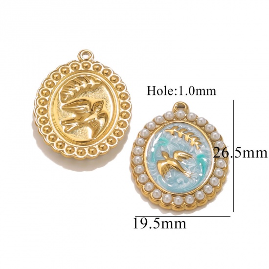 Picture of 2 PCs Eco-friendly PVD Vacuum Plating 304 Stainless Steel Oil Painting Style Charms 18K Gold Plated Blue Enamel Oval Swallow Imitation Pearl 19.5mm x 26.5mm