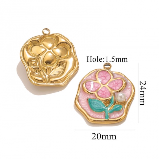 Picture of 2 PCs Eco-friendly PVD Vacuum Plating 304 Stainless Steel Oil Painting Style Charms 18K Gold Plated Pink Enamel Irregular Flower Imitation Pearl 20mm x 24mm
