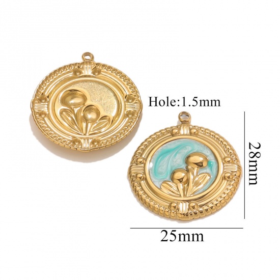 Picture of 2 PCs Eco-friendly PVD Vacuum Plating 304 Stainless Steel Oil Painting Style Charms 18K Gold Plated Mint Green Enamel Round Disc Flower 25mm x 28mm