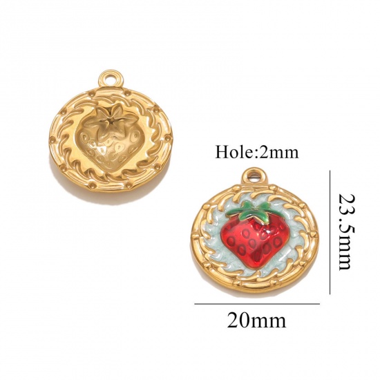 Picture of 2 PCs Eco-friendly PVD Vacuum Plating 304 Stainless Steel Oil Painting Style Charms 18K Gold Plated Red Enamel Round Disc Strawberry Fruit 20mm x 23.5mm