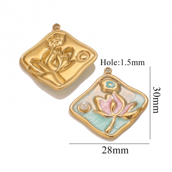 Picture of 2 PCs Eco-friendly PVD Vacuum Plating 304 Stainless Steel Oil Painting Style Charms 18K Gold Plated Mint Green Enamel Rhombus Lotus Flower Imitation Pearl 28mm x 30mm