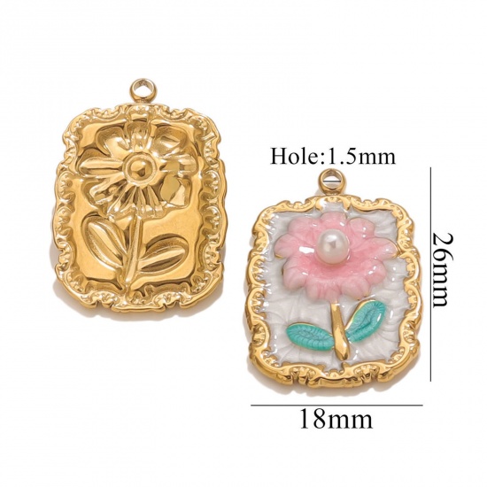 Picture of 2 PCs Eco-friendly PVD Vacuum Plating 304 Stainless Steel Oil Painting Style Charms 18K Gold Plated Multicolor Enamel Rectangle Flower Imitation Pearl 18mm x 26mm