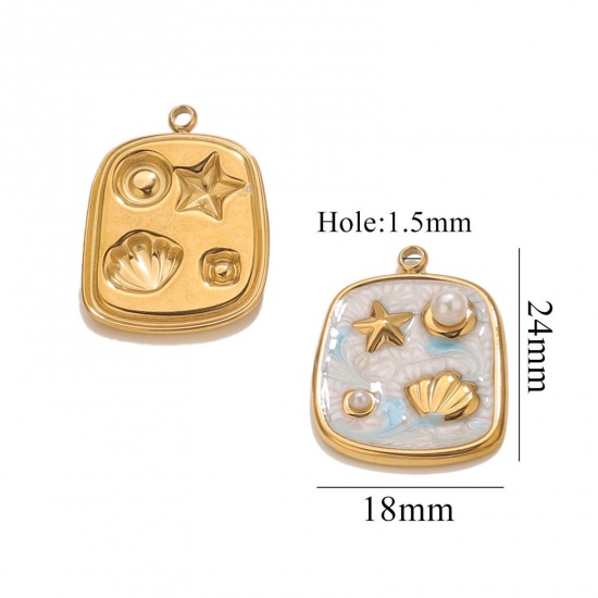Picture of 2 PCs Eco-friendly PVD Vacuum Plating 304 Stainless Steel Oil Painting Style Charms 18K Gold Plated White & Blue Enamel Rectangle Star Fish Imitation Pearl 18mm x 24mm