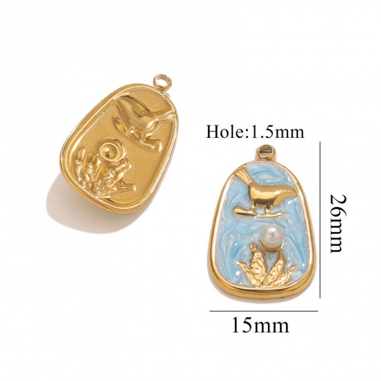 Picture of 2 PCs Eco-friendly PVD Vacuum Plating 304 Stainless Steel Oil Painting Style Charms 18K Gold Plated Light Blue Enamel Trapezoid Bird Imitation Pearl 15mm x 26mm