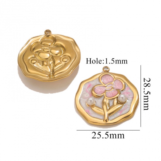 Picture of 2 PCs Eco-friendly PVD Vacuum Plating 304 Stainless Steel Oil Painting Style Charms 18K Gold Plated Light Pink Enamel Round Disc Flower Imitation Pearl 25.5mm x 28.5mm