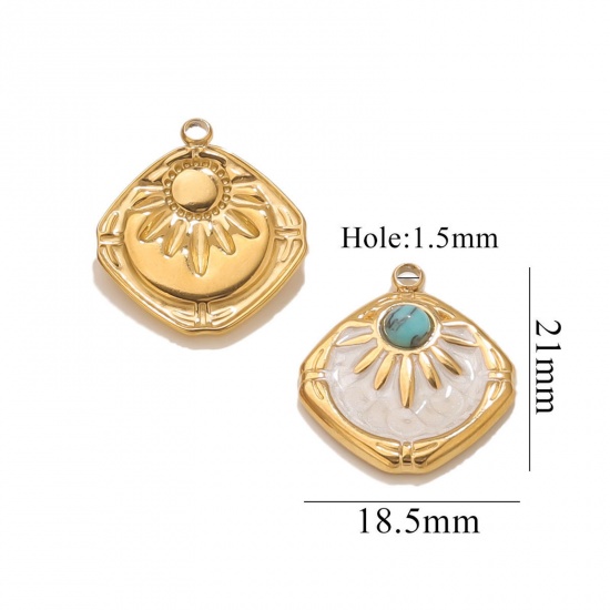 Picture of 2 PCs Eco-friendly PVD Vacuum Plating 304 Stainless Steel Oil Painting Style Charms 18K Gold Plated White Enamel Rhombus Sun Imitation Turquoise 18.5mm x 21mm