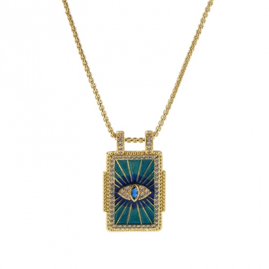 Bild von 1 Strang Umweltfreundlich Retro Ethnisch 18K Echtgold plattiert Dunkelblau Messing Kreuz Gliederketten Rechteck Auge der Vorsehung/ Allsehendes Auge Emaille Anhänger Halskette Für Frauen Geschenk 45cm + 5cm lang