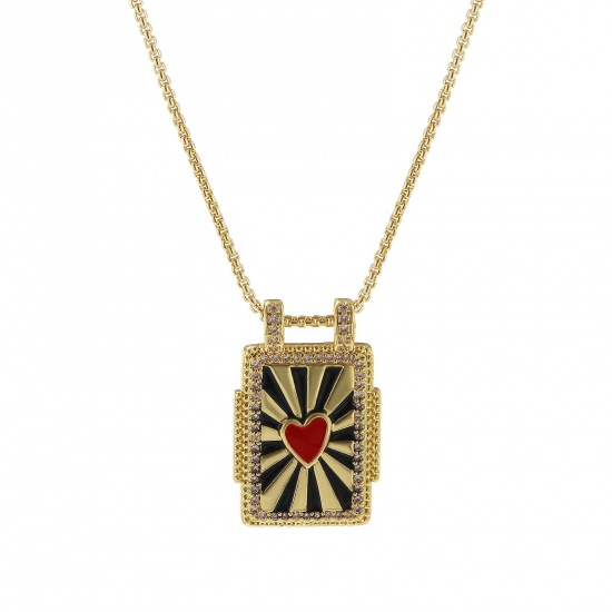 Bild von 1 Strang Umweltfreundlich Retro Ethnisch 18K Echtgold plattiert Schwarz & Rot Messing Kreuz Gliederketten Rechteck Herz Emaille Anhänger Halskette Für Frauen Geschenk 45cm + 5cm lang