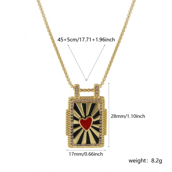 Bild von 1 Strang Umweltfreundlich Retro Ethnisch 18K Echtgold plattiert Schwarz & Rot Messing Kreuz Gliederketten Rechteck Herz Emaille Anhänger Halskette Für Frauen Geschenk 45cm + 5cm lang