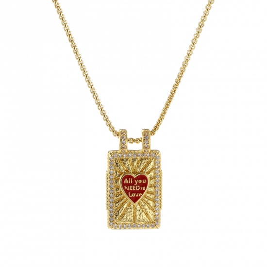 Bild von 1 Strang Umweltfreundlich Retro Ethnisch 18K Echtgold plattiert Rot Messing Kreuz Gliederketten Rechteck Herz Message " All You Need Is Love " Emaille Anhänger Halskette Für Frauen Geschenk 45cm + 5cm lang
