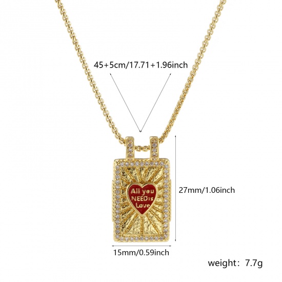 Bild von 1 Strang Umweltfreundlich Retro Ethnisch 18K Echtgold plattiert Rot Messing Kreuz Gliederketten Rechteck Herz Message " All You Need Is Love " Emaille Anhänger Halskette Für Frauen Geschenk 45cm + 5cm lang