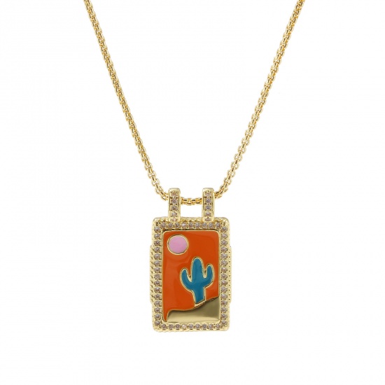 Bild von 1 Strang Umweltfreundlich Retro Ethnisch 18K Echtgold plattiert Bunt Messing Kreuz Gliederketten Rechteck Kaktus Emaille Anhänger Halskette Für Frauen Geschenk 45cm + 5cm lang