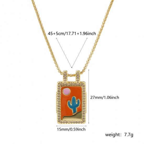 Bild von 1 Strang Umweltfreundlich Retro Ethnisch 18K Echtgold plattiert Bunt Messing Kreuz Gliederketten Rechteck Kaktus Emaille Anhänger Halskette Für Frauen Geschenk 45cm + 5cm lang