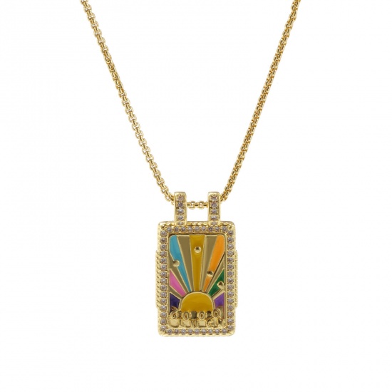 Bild von 1 Strang Umweltfreundlich Retro Ethnisch 18K Echtgold plattiert Bunt Messing Kreuz Gliederketten Rechteck Sonne Emaille Anhänger Halskette Für Frauen Geschenk 45cm + 5cm lang