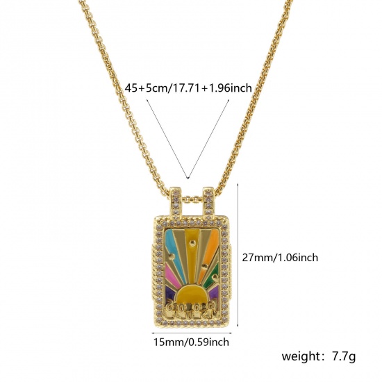 Bild von 1 Strang Umweltfreundlich Retro Ethnisch 18K Echtgold plattiert Bunt Messing Kreuz Gliederketten Rechteck Sonne Emaille Anhänger Halskette Für Frauen Geschenk 45cm + 5cm lang