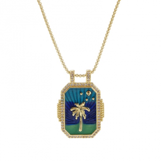 Bild von 1 Strang Umweltfreundlich Retro Ethnisch 18K Echtgold plattiert Cyan Messing Kreuz Gliederketten Rechteck Kokospalme Emaille Anhänger Halskette Für Frauen Geschenk 45cm + 5cm lang