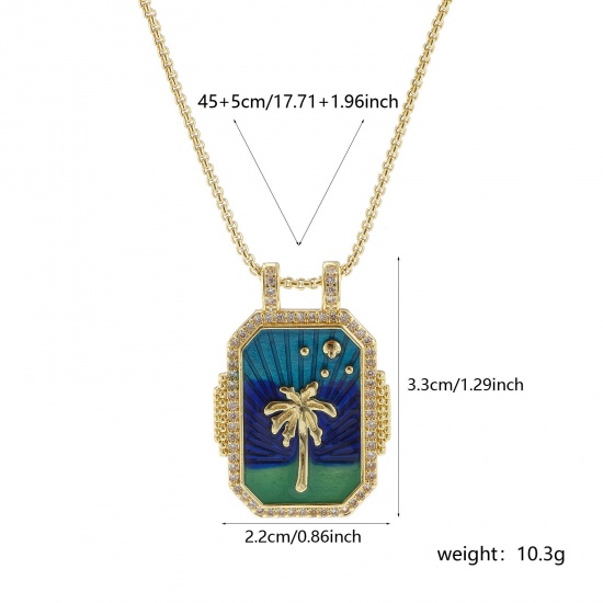 Bild von 1 Strang Umweltfreundlich Retro Ethnisch 18K Echtgold plattiert Cyan Messing Kreuz Gliederketten Rechteck Kokospalme Emaille Anhänger Halskette Für Frauen Geschenk 45cm + 5cm lang