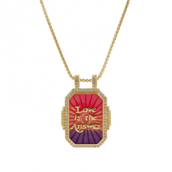 Bild von 1 Strang Umweltfreundlich Retro Ethnisch 18K Echtgold plattiert Bunt Messing Kreuz Gliederketten Rechteck Message " Love Is The Answer " Emaille Anhänger Halskette Für Frauen Geschenk 45cm + 5cm lang