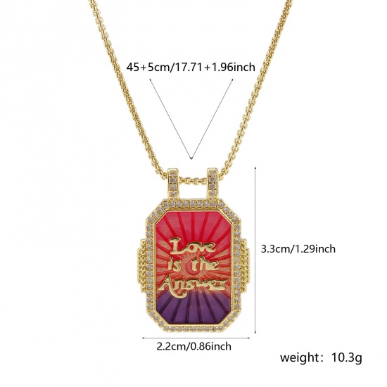 Bild von 1 Strang Umweltfreundlich Retro Ethnisch 18K Echtgold plattiert Bunt Messing Kreuz Gliederketten Rechteck Message " Love Is The Answer " Emaille Anhänger Halskette Für Frauen Geschenk 45cm + 5cm lang