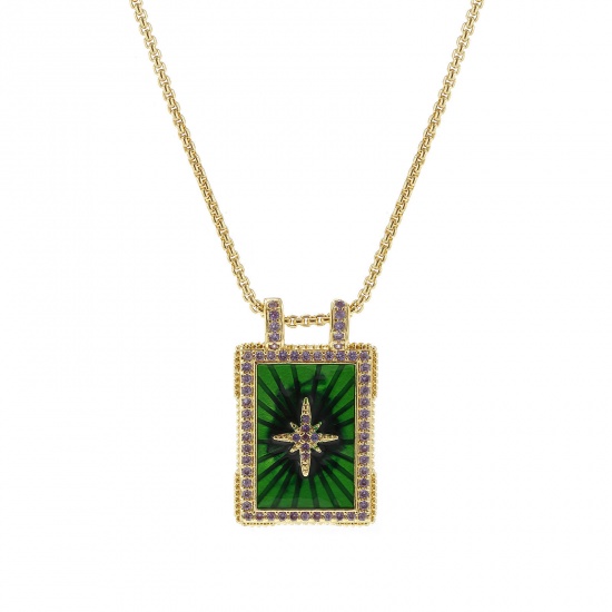 Bild von 1 Strang Umweltfreundlich Retro Ethnisch 18K Echtgold plattiert Grün Messing Kreuz Gliederketten Rechteck Stern Emaille Anhänger Halskette Für Frauen Geschenk 45cm + 5cm lang