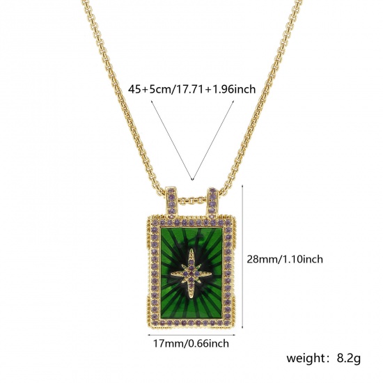 Bild von 1 Strang Umweltfreundlich Retro Ethnisch 18K Echtgold plattiert Grün Messing Kreuz Gliederketten Rechteck Stern Emaille Anhänger Halskette Für Frauen Geschenk 45cm + 5cm lang