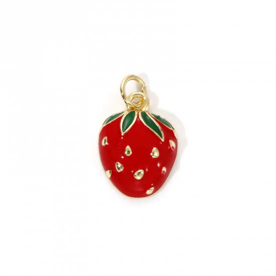 Image de 2 Pcs Breloques Respectueux de la Nature en Laiton Plaqué Or Véritable 18K Rouge Émail Fraises 19mm x 11.5mm