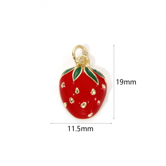 Image de 2 Pcs Breloques Respectueux de la Nature en Laiton Plaqué Or Véritable 18K Rouge Émail Fraises 19mm x 11.5mm