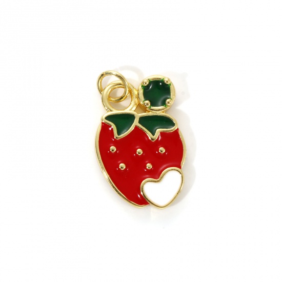Image de 2 Pcs Breloques Respectueux de la Nature en Laiton Plaqué Or Véritable 18K Rouge Émail Fraises Cœur 22mm x 13mm